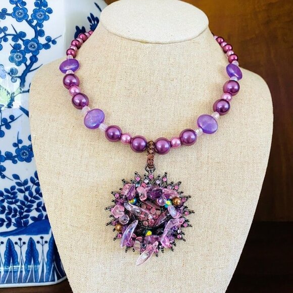 Vintage Purple Faux Pearls and Crystal Statement Pendant Necklace - Picture 1 of 4